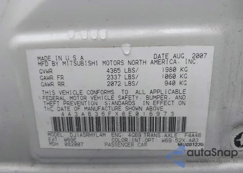 2008 Mitsubishi Galant Es z USA, uszkodzony, nr VIN 4A3AB36FX8E016973